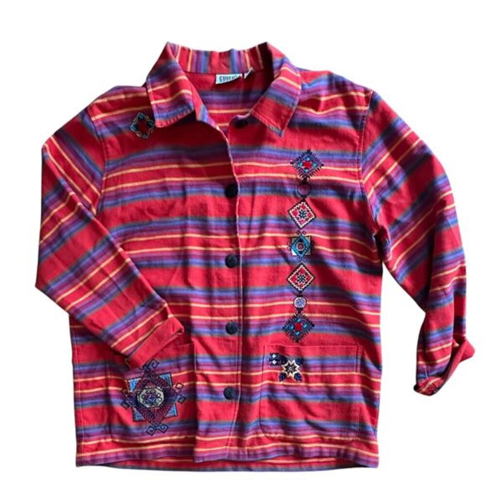 Chico's Designs Jacket 2‎ Red Striped Woven Embroidered Shacket Vtg Southwestern